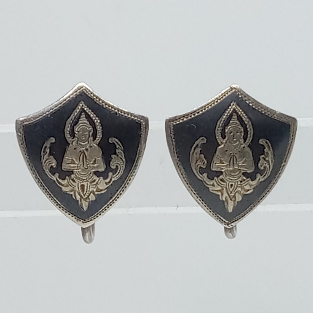 * vintage Niello sterling silver shield Siam Man Thai screwback earrings
